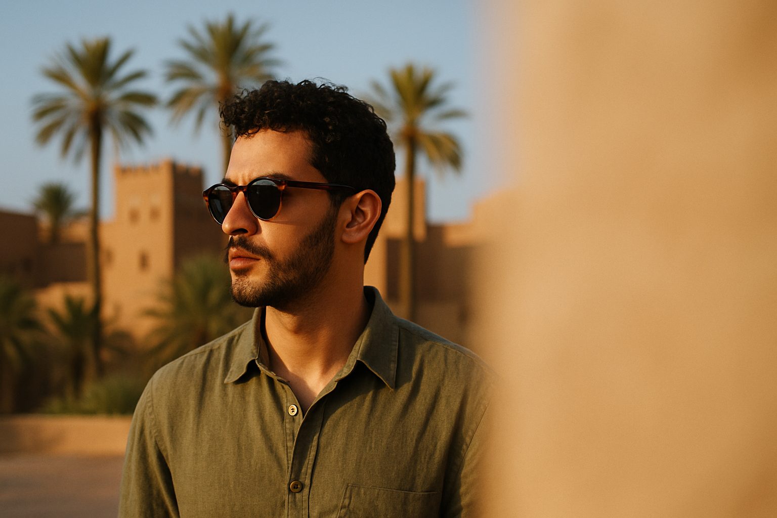Homme portant des lunettes de soleil devant une kasbah